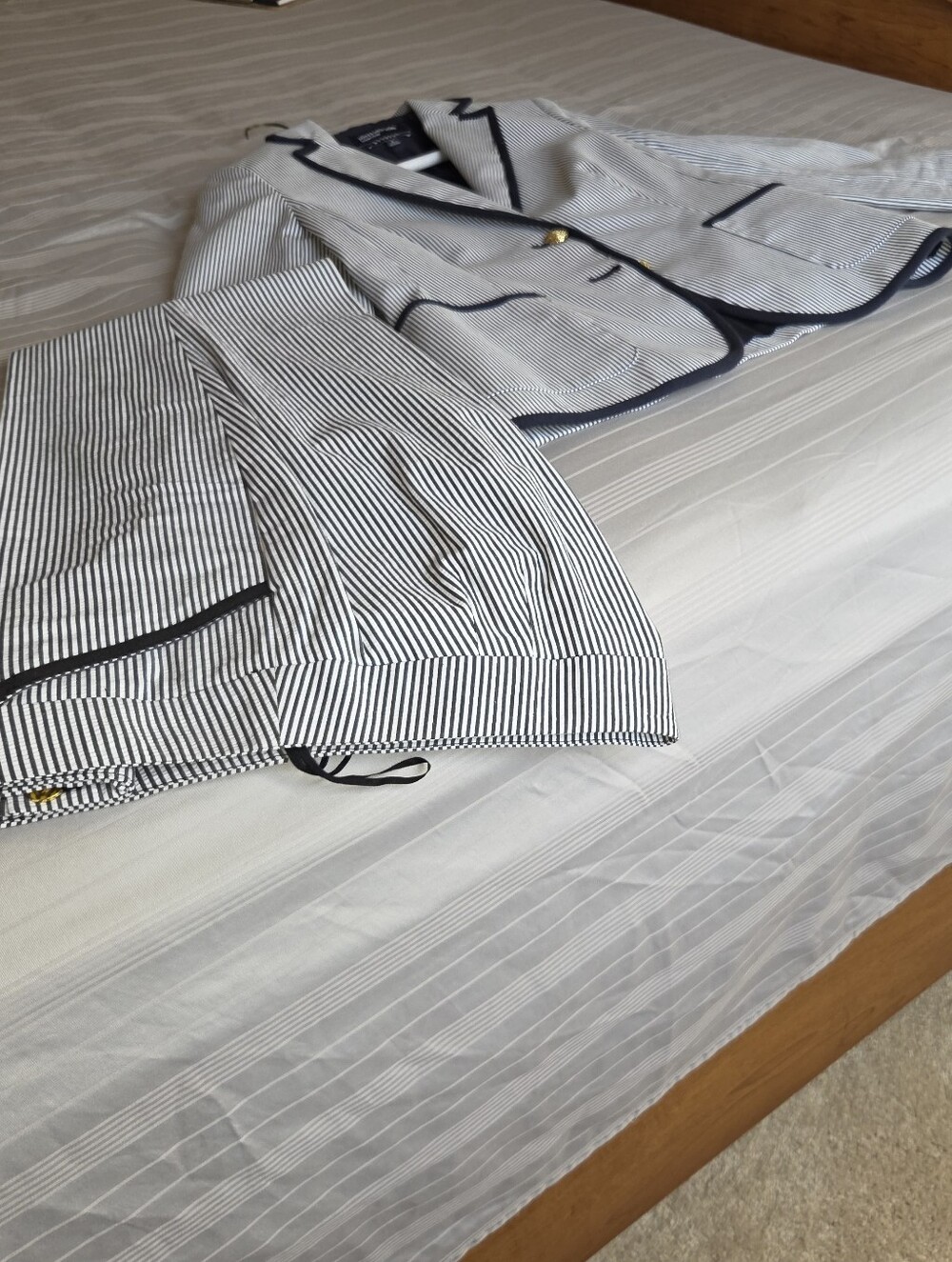 Striped Searsucker Pants Suit with Navy Trim (Fabric Stretches)
